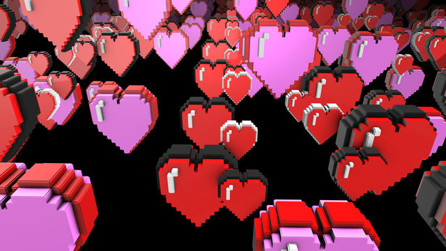 8 bits pixel hearts illustration. Retro arcade video game Valentine&Acirc;&acute;s Day rendered image.