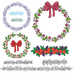 Set of hand drawn vector floral design elements. Isolated holiday wreathes with pattern brushes