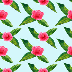 Beautiful pink red flower hibiscus with green tropical leaves. Seamless pattern. Hand drawn watercolor illustration.