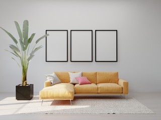 mock up poster frame in hipster interior background, scandinavian style, 3D render, 3D illustration