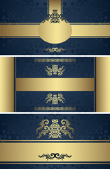 Set of templates for cards or invitations, posters or banners. Vintage gold decoration on a blue seamless background