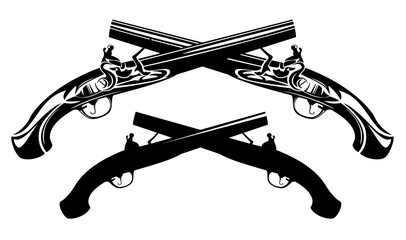 crossed antique dueling pistols - black and white weapon vector design set