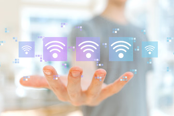 Wifi concept with young man holding his hand