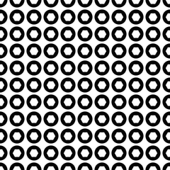 Abstract messy halftone seamless pattern with circle, hexagon, geometric shapes in rows. Vector illustration.      
