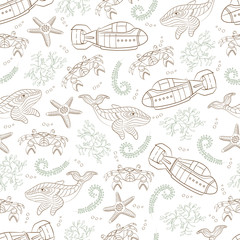 Underwater scene. Vector seamless pattern consists of different sea objects