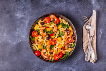 Fusili pasta salad with shrimps.