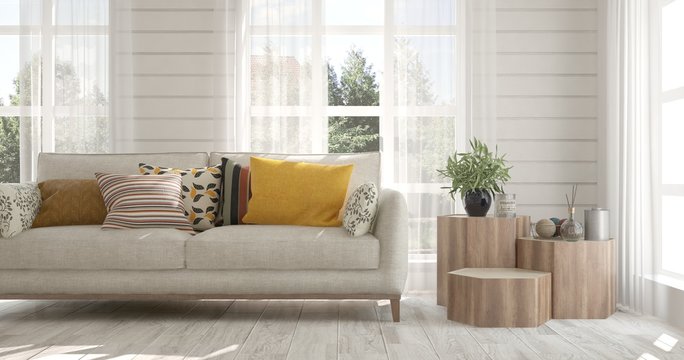 White stylish minimalist room with sofa and winter landscape in window. Scandinavian interior design. 3D illustration