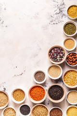 Set of different superfoods, top view.