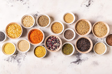 Set of different superfoods, top view.