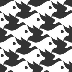 Vector pattern black and white silhouette bird and fish seamless background in Escher style.