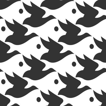 Vector pattern black and white silhouette bird and fish seamless background in Escher style.