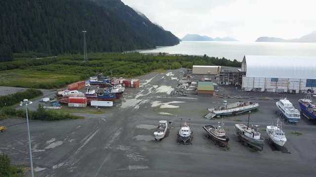 Aerial Fly-over of Ships in Dry Dock for Repairs at the Seward Marine Industrial Center (SMIC) in Seward Alaska off the Gulf of Alaska.