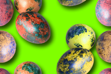 seamless texture, easter multi-colored eggs on a green background, isolate