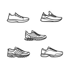 Set of men's running shoes outlined icons in white background