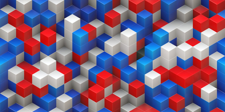 Cubes seamless background - colorful, red blue white, randomly stacked structure