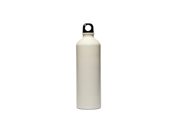 A durable, high-quality, reusable white stainless steel bottle on an isolated white background as an alternative to plastic bottles. Toxin, BPA, a plastic waste-free option for drinking tap water at h