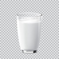 Realistic crear glass of milk isolated on transparent background. Vector illustration - obrazy, fototapety, plakaty