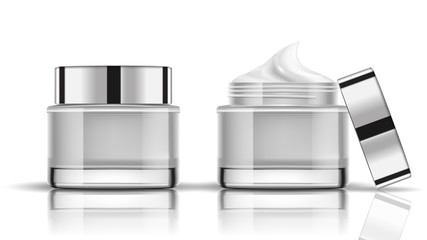 Set white cosmetic bottles packaging mockup, ready for your design, vector illustration.