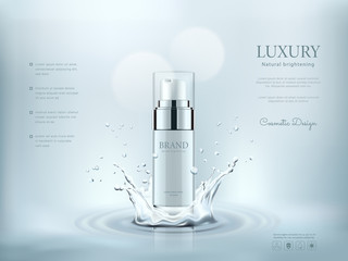 White cosmetic bottles with water splashing background, ready for your design, vector illustration.