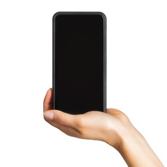 Women's hand showing black smartphone, concept of mobile shopping