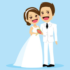 Illustration of cute couple in white dress on wedding day standing posing embracing in love