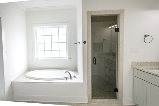 Modern New Construction White Clean Master Bathroom Shower