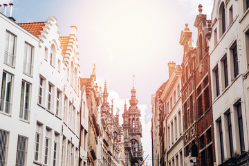 Fototapeta premium Old houses and square of city Brussels in Belgium, flags European Union