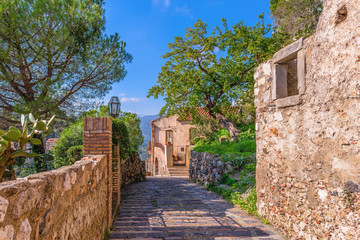 Medieval street at the beautiful sicilian village Savoca in Sicily, Italy