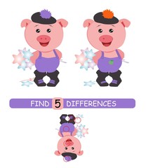 Obraz premium Find differences between pictures. Vector cartoon educational game. Cute pig in hat.
