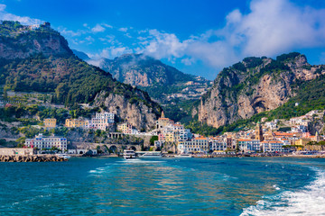 Fototapeta na wymiar Sea front view of Amalfi town at Amalfi coast, Italy.