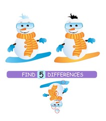 Find differences between pictures. Vector cartoon educational game. Cute snowman in a scarf.