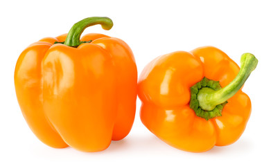 Two ripe bell peppers on a white, isolated.