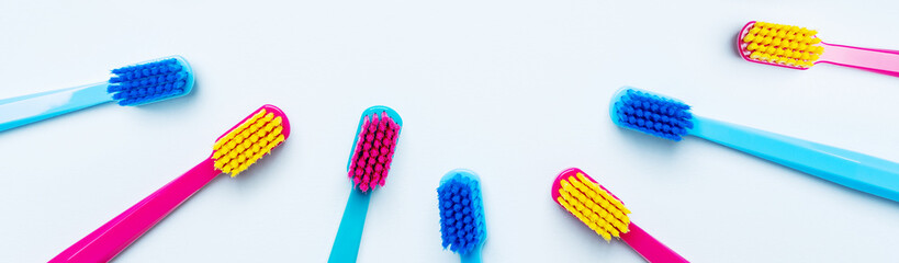 Colorful tooth brushes with bright color bristles on a light pastel blue background. Long wide banner for Stomatologist mock up with dental tools and empty space for text.