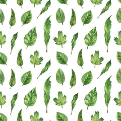 Seamless pattern with green fresh leaf. Watercolor hand drawn illustration