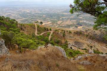 Fototapeta na wymiar Erice, Sicily, Italy - Panoramic view from Erice at the road to Erice