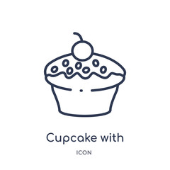 cupcake with big cherry icon from party outline collection. Thin line cupcake with big cherry icon isolated on white background.