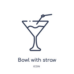 bowl with straw icon from party outline collection. Thin line bowl with straw icon isolated on white background.