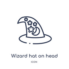 wizard hat on head icon from party outline collection. Thin line wizard hat on head icon isolated on white background.