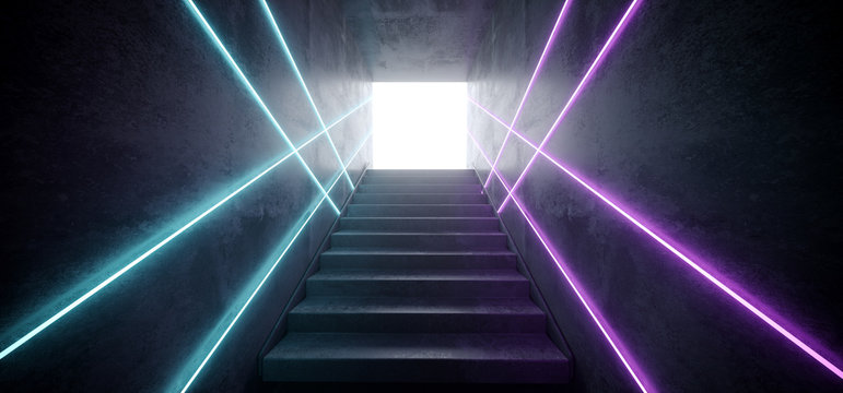 Sci Fi Modern Futuristic Cyber Neon Glowing Purple Blue Lines Laser Club Stage Tunnel With Stairs Reflective Grunge Concrete White Glow 3D Rendering