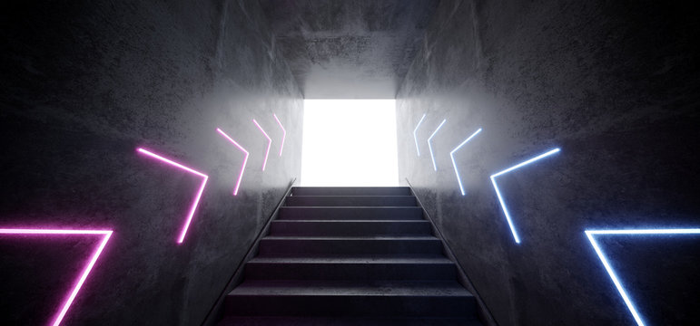 Sci Fi Modern Futuristic Cyber Neon Arrows Glowing Purple Blue Lines Laser Club Stage Tunnel With Stairs Reflective Grunge Concrete White Glow 3D Rendering