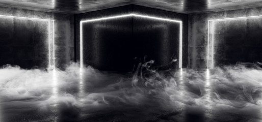 Smoke Neon Cyber Sci Fi Futuristic Modern White Glowing Led Laser Dance Club Lights Dark Grunge Concrete Reflective Room Empty Space 3D Rendering