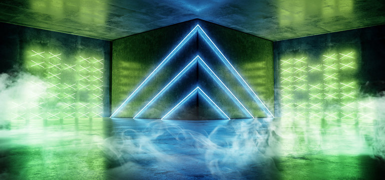 Neon Cyber Sci Fi Futuristic Modern Stage Podium Triangle Shaped Blue Green Glowing Led Laser Dance Club Lights Dark Grunge Concrete Reflective Room Empty Space 3D Rendering