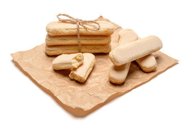 Traditional Italian Savoiardi ladyfingers Biscuits on craft paper
