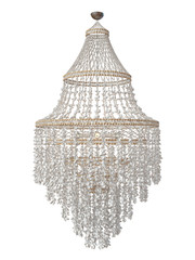 Handmade chandelier from thousands of seashells on a white background.