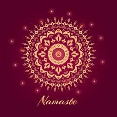 Mandala illustration with Namaste indian word. ethnic ornament on red background