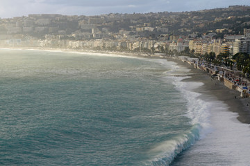 Beautiful view of the coast of Nice, France, on a misty afternoon