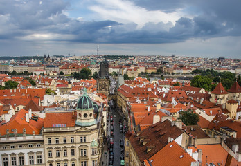 Naklejka na ściany i meble Panorama of Prague Old Town with red roofs , famous Charles View from above