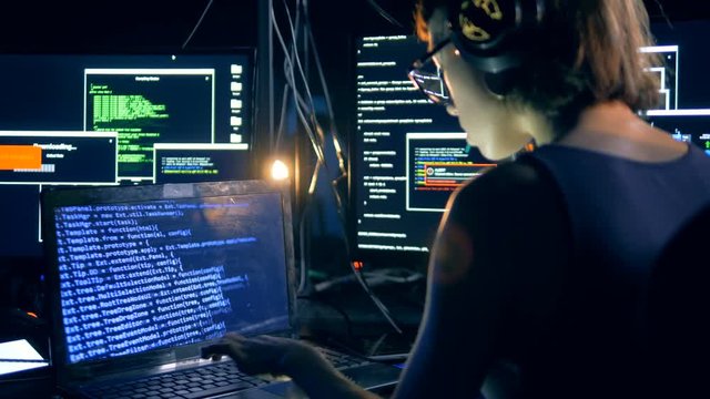 A hacker typing on a laptop, cracking system, back view.