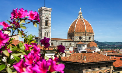 Obraz premium Dome of cathedral church Santa Maria del Fiore close up at spring day, Florence, Italy, retro toned