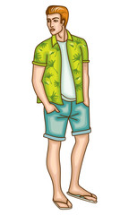 Young man in shorts and color shirt. Casual cloth